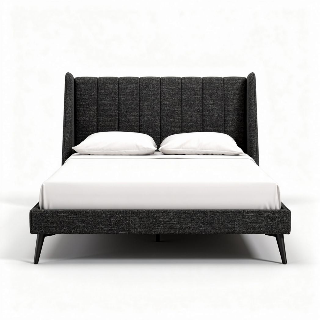 Cama de casal com cabeceira estofada em tecido cinza 200 x 160 x 100cm