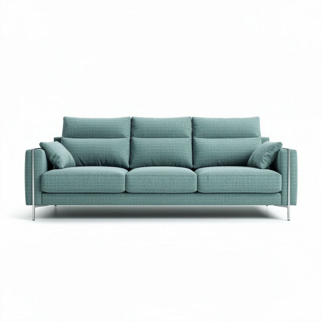 Sofá em tecido azul claro com dimensões de 210 x 90 x 85cm