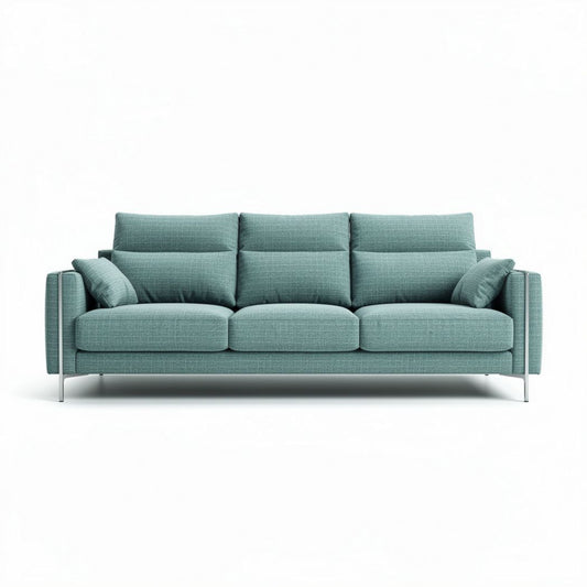 Sofá em tecido azul claro com dimensões de 210 x 90 x 85cm