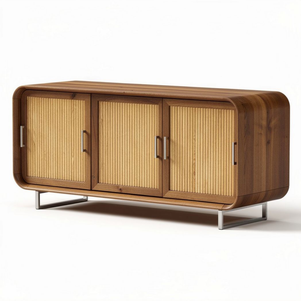 Móvel de storage em madeira com portas ripadas e estrutura metálica 150 x 40 x 70cm