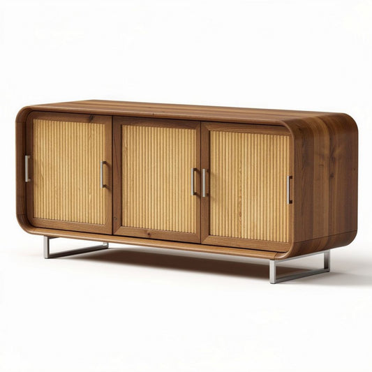 Móvel de storage em madeira com portas ripadas e estrutura metálica 150 x 40 x 70cm
