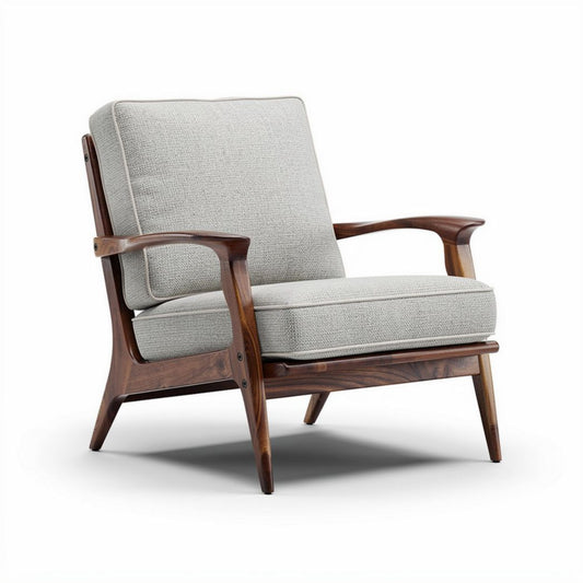 Cadeira de madeira escura com estofamento em tom cinza claro 80 x 75 x 85cm