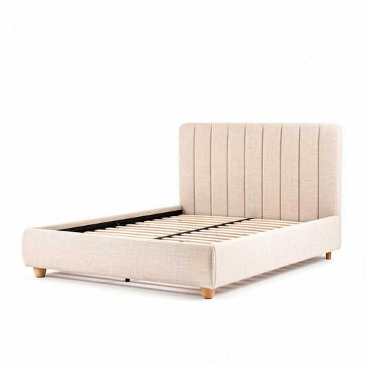 Cama estofada de tecido bege com estrados de madeira 200 x 160 x 100cm