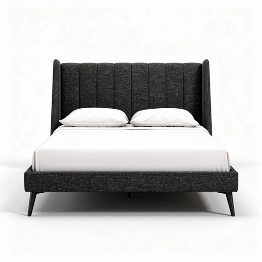 Cama de casal com cabeceira estofada em tecido cinza 200 x 160 x 100cm